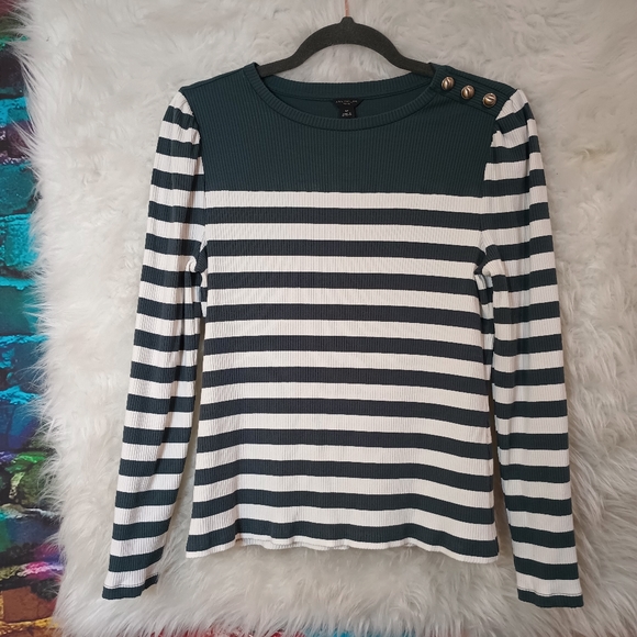 Ann Taylor Petite Green and White Striped Ribbed Long Sleeve Top Size MP - Picture 9 of 10